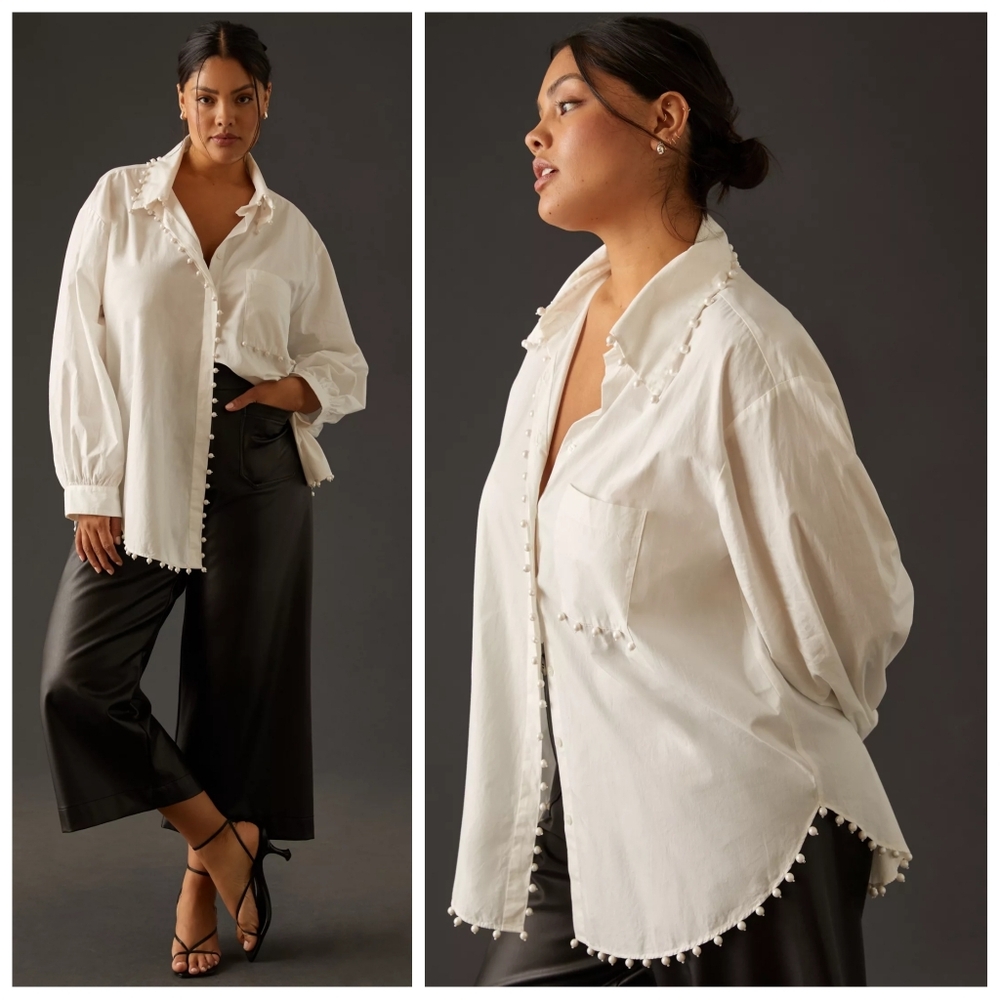 Anthropologie White Button Down Shirt with Pearl Trim